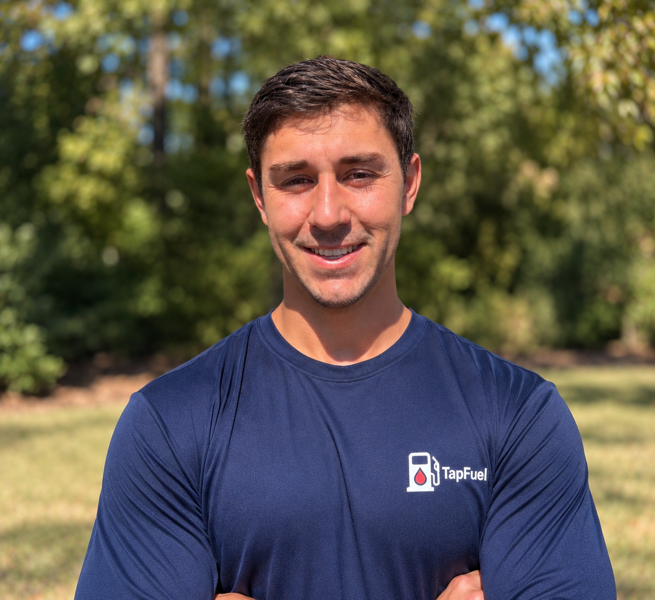 Parker Wingard, founder of TapFuel, wearing a TapFuel shirt
